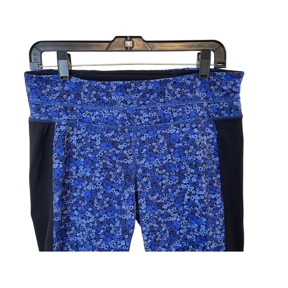 Athleta Floral Prints Blue Purple Crop Athleisure Leggings Ruched Sides size L - Picture 3 of 14